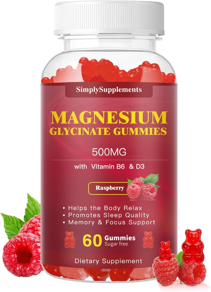 Magnesium Glycinate Gummies 500mg, Kaubare Magnesiumergänzung mit Vitamin D3, B6, CoQ10, zur Entspannung, Schlaf &amp; Stimmung Unterstützung, ruhige Magnesiumgummis - 60 Himbeergummis