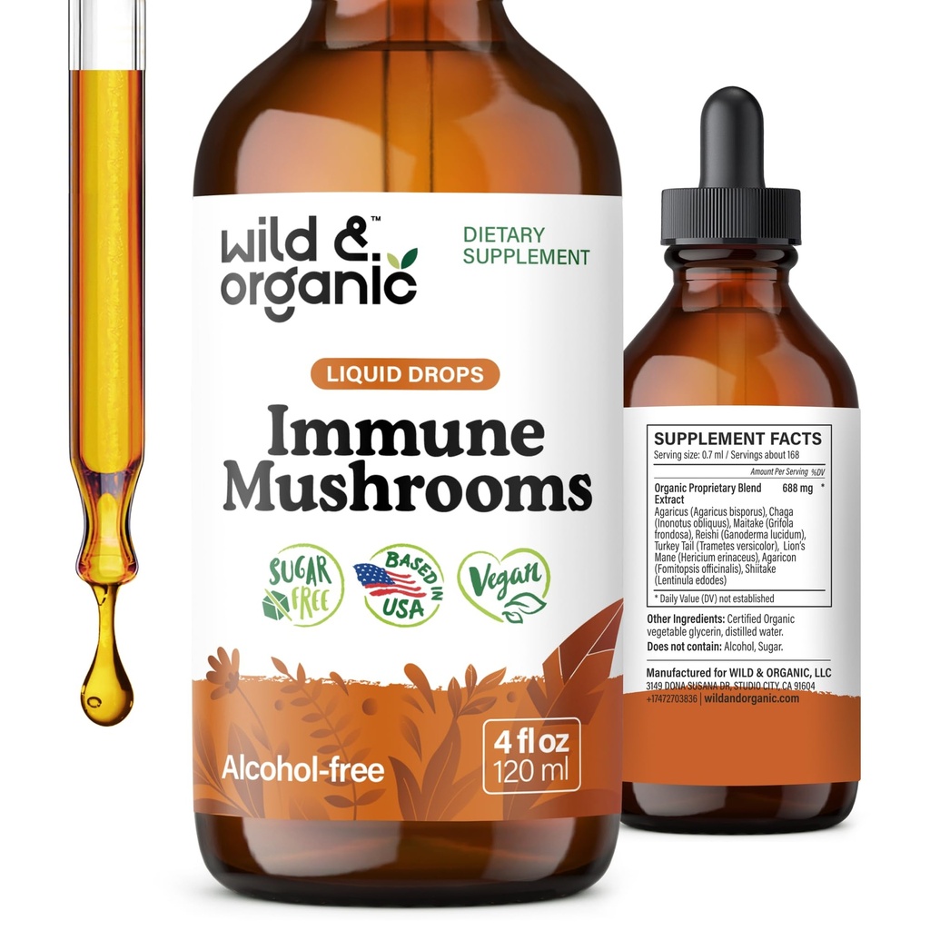 Wild & Organic Immune Pilz Tinkture - 8-in-1 Immununterstützung mit Chaga, Reishi, Türkei Tail, Lion’s Mane, Maitake Extract - Liquid Mushroom Supplement - Vegan, Zucker & Alkoholfreie Tropfen - 4 oz