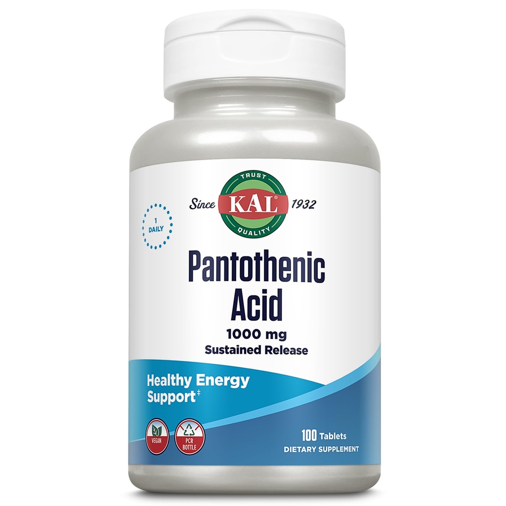 KAL Pantothensäure 1000mg, Sustained Release Vitamin B5 - Energie-Ergänzungen - Unterstützt Stoffwechsel von Carbs, Fett und Protein, Haar und Haut Gesundheit, Vegan, 60-Tage-Garantie, 100 Servierungen, 100 Tabletten