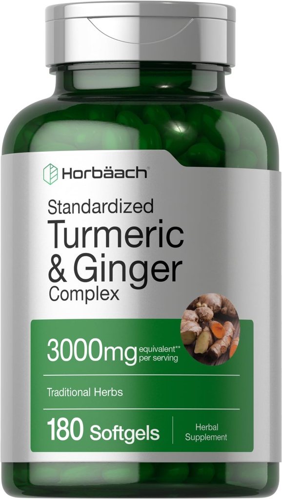 Horbäach Turmeric and Ginger Supplement | 3000 mg 180 Softgel Pillen | mit schwarzem Pfeffer Extrakt | Non-GMO, Glutenfreie Ergänzung
