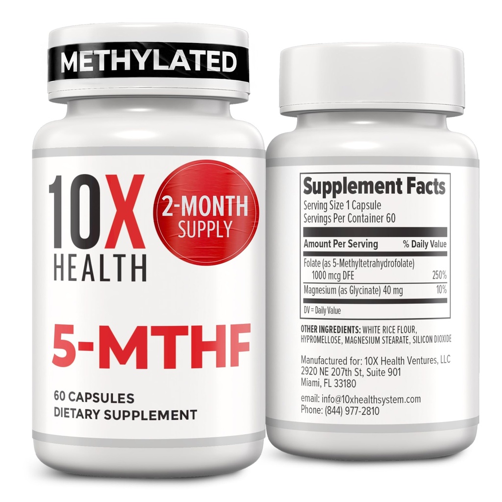 10X Health 5-MTHF Methylfolat - Methyliertes Folat & Magnesium für Gehirn, Herzgesundheit, DNA & Neurotransmitter Synthesis - Bioverfügbare Methyl Folate Supplement - Methylfolate Supplement 60 Kapseln