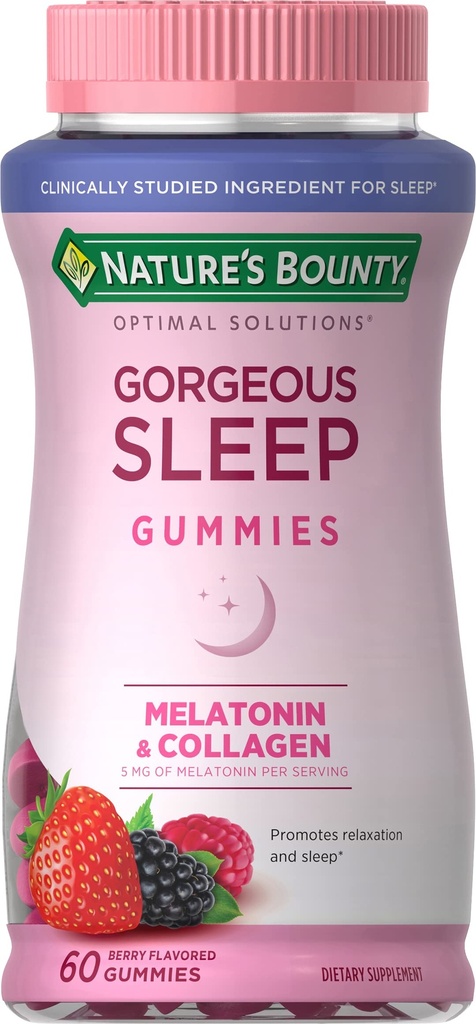 Bounty de la nature Solutions optimales Mélatonine de sommeil magnifique 5mg Gommies avec collagène, 60 comtes, saveurs de fruits assorties, 30 portions totales