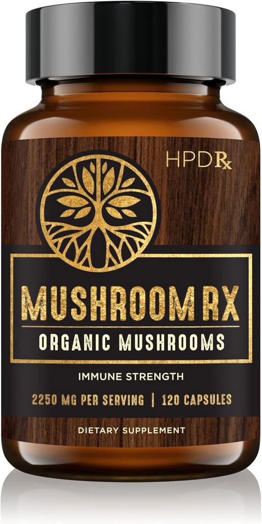 HPD Rx Mushroom Rx Organic Mushroom Extract Blend Max Immunität Dose, Lion’s Mane, Chaga, Reishi, Shiitake Maitake & Turkey Tail Mushroom Supplements | 2250 mg, 30-Day Supply, Pack of 1
