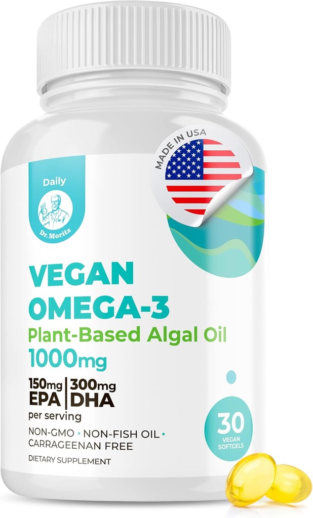 DR. MORITZ Vegan Omega-3 Softgels für Erwachsene und Kinder, aus Algae Öl mit DHA EPA, Small Algae Omega 3 Supplements, Vegan, 30 Count