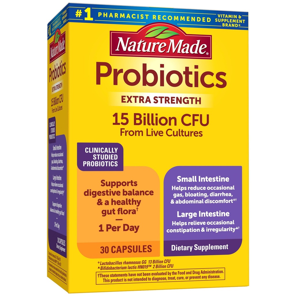 Nature Made Probiotics for Digestive Health Extra Strength 15 Billion CFU aus Live Cultures, Probiotics for Women and Men, 30 Probiotic Capsules, 30 Day Supply