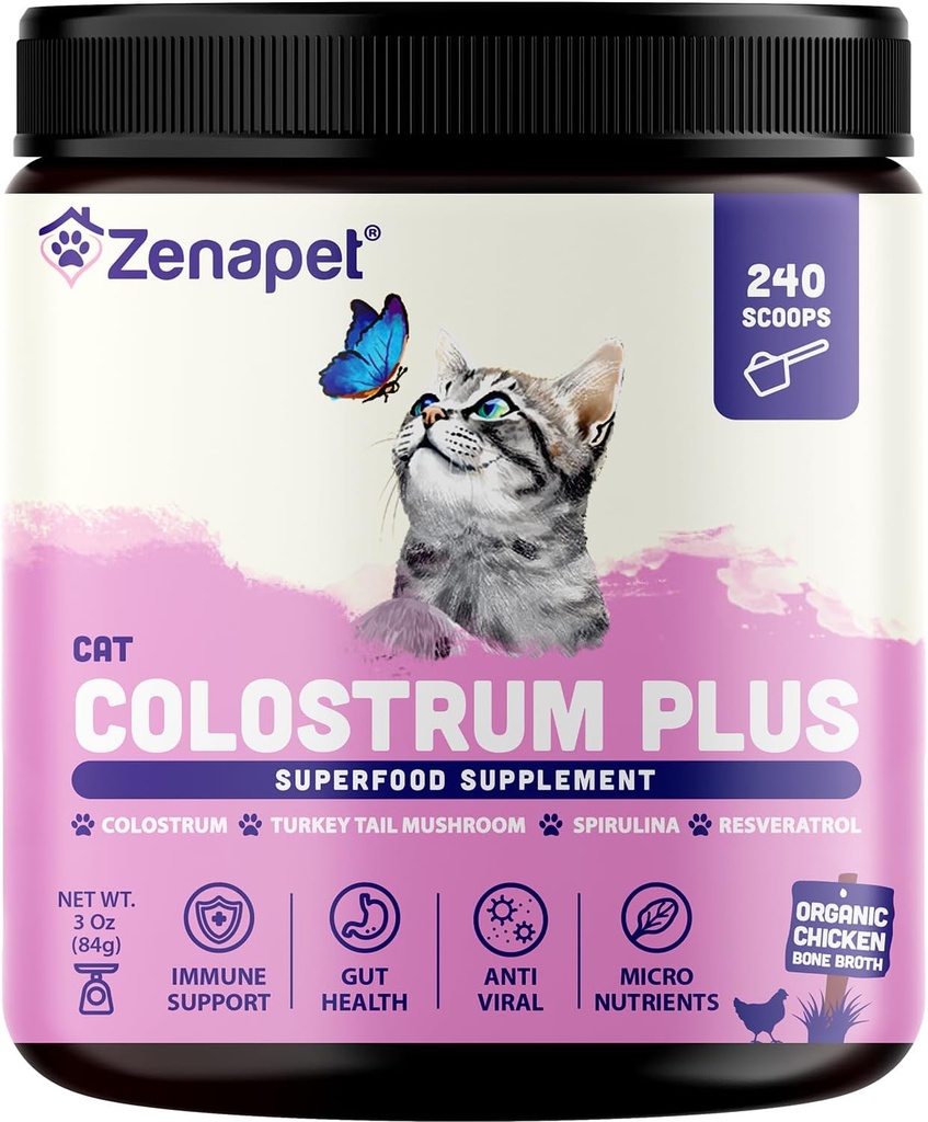 ZENAPET Cat Colostrum Plus Premium Pulver Topper, Immun- & Verdauungs-Ergänzung, 240 Servierungen (8-Monats-Versorgung), Unterstützt Haut & Coat, Made in USA