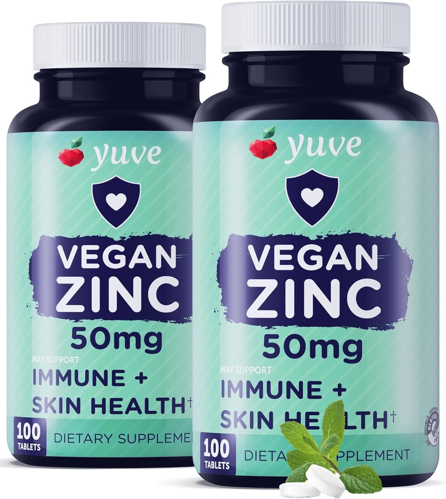 Yuve Natural Vegan Zink Vitamine Ergänzungen 50mg, Höchste Immununterstützung, schnelles Relief von Kälte und Flu, Akne freie Haut, gesunde Hormonspiegel, Non-GMO, Gluten & Zucker kostenlos - 100 Veg Tabs (2 Packung)