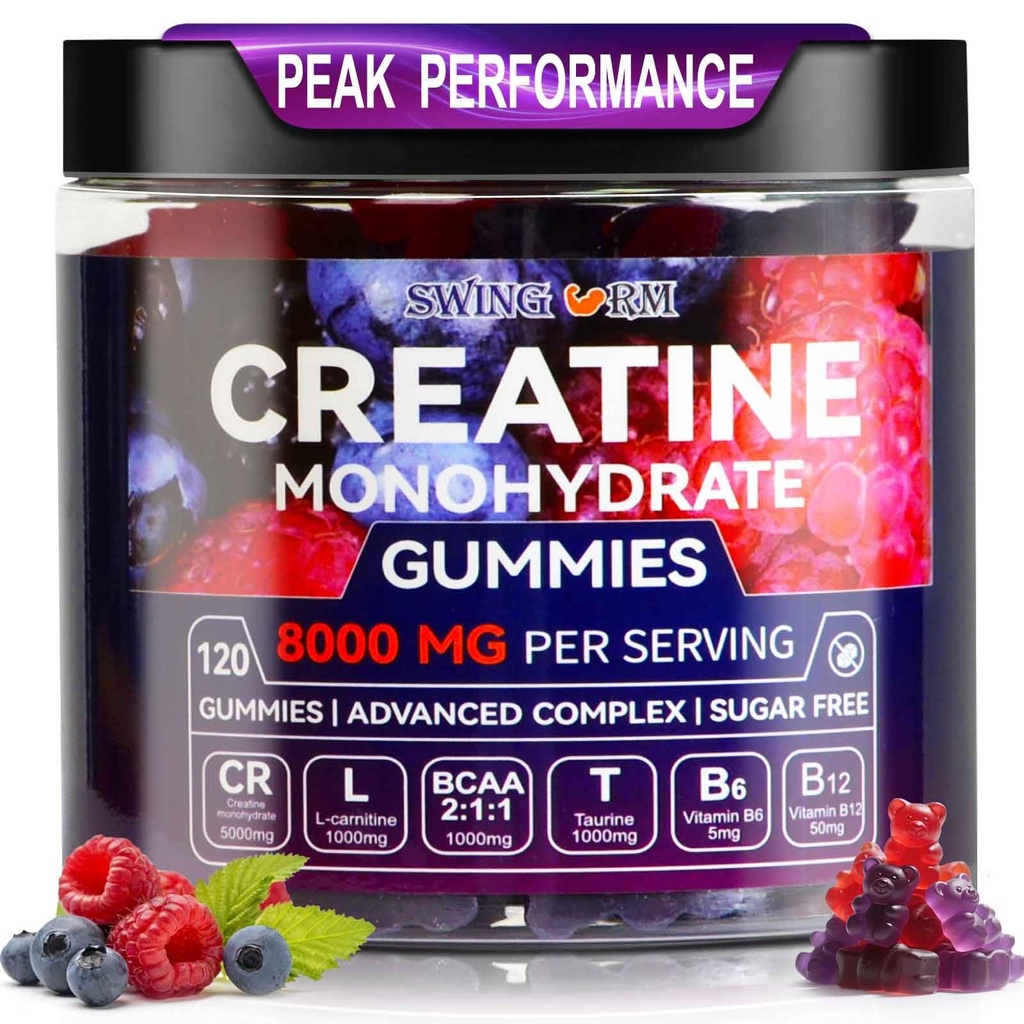 Creatine Monohydrate Gummi 6500mg pro Servierung für Herren & Frauen - 120 Gummi X5 Stärke Zucker freie Kaubare Kreatin für Muskelaufbau, Muskelkraft, Pre-Workout Supplement (Blueberry)
