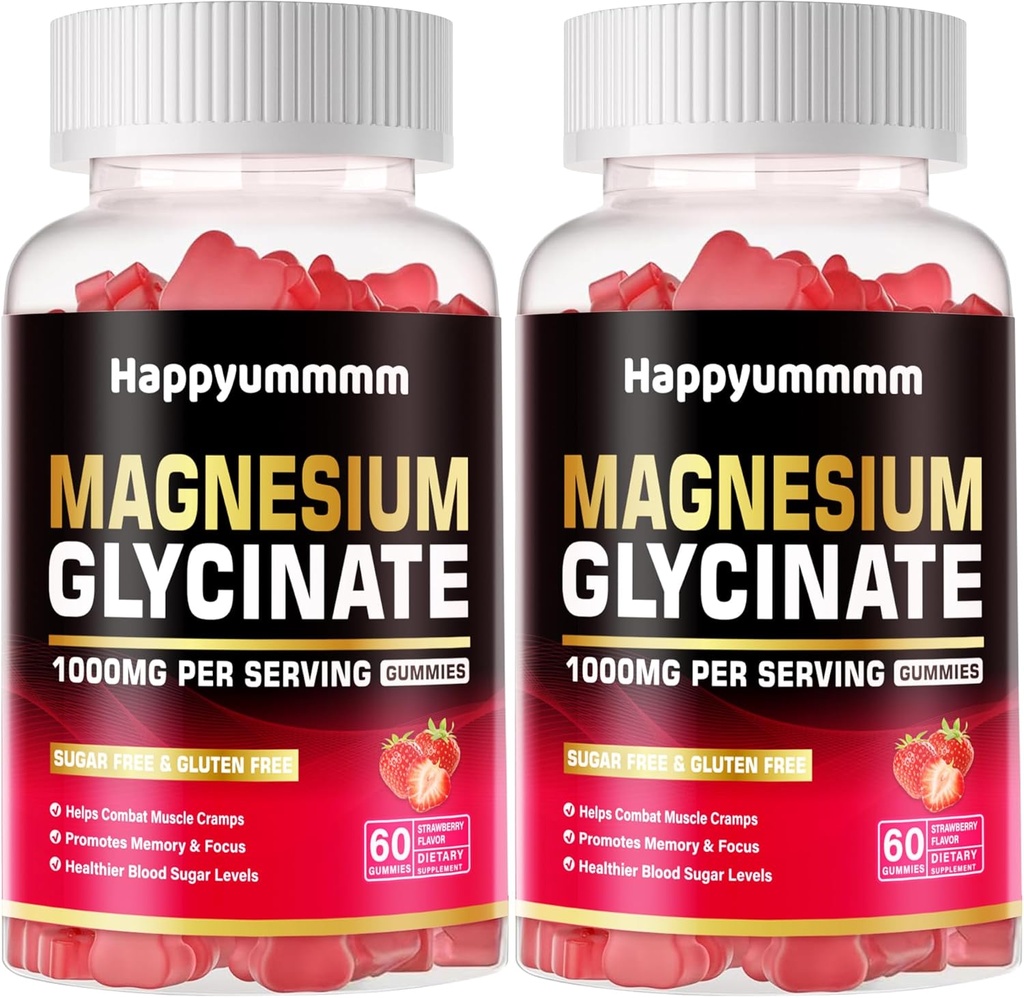 Magnesium Glycinate Gummies 1000mg - Zuckerfreie Magnesium Kalium-Ergänzung mit Vitamin D, B6, CoQ10 für ruhige Stimmung & Schlaf-Unterstützung - 120 Erdbeergummis