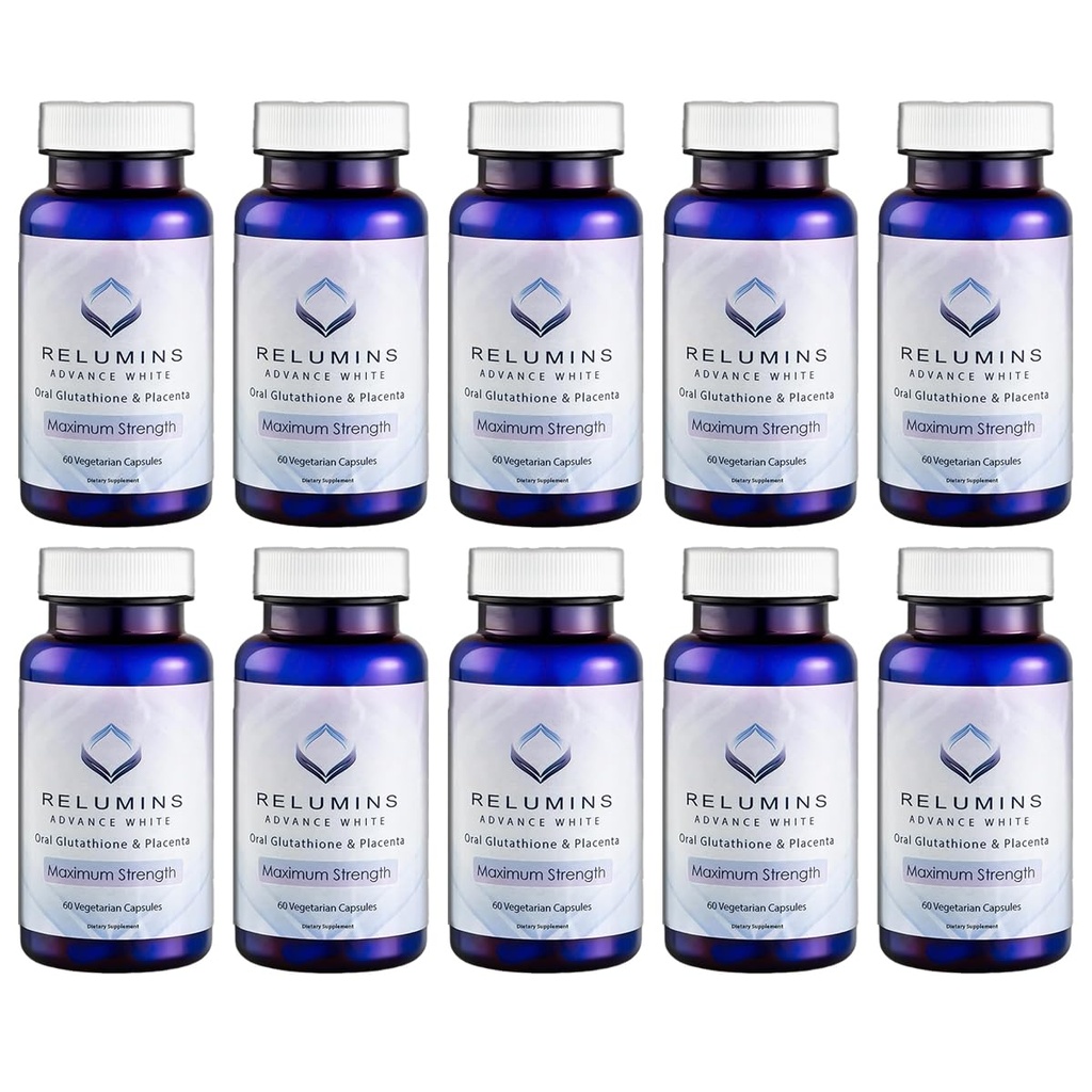 Relumins Advanced White Glutathione Capsules - Max Strength Brightening Supplement with ALA, Placenta, Rose HIPS & Vitamin C - Fights Oxidative Stress, Supports Collagen & Made in USA - 10 Bottles