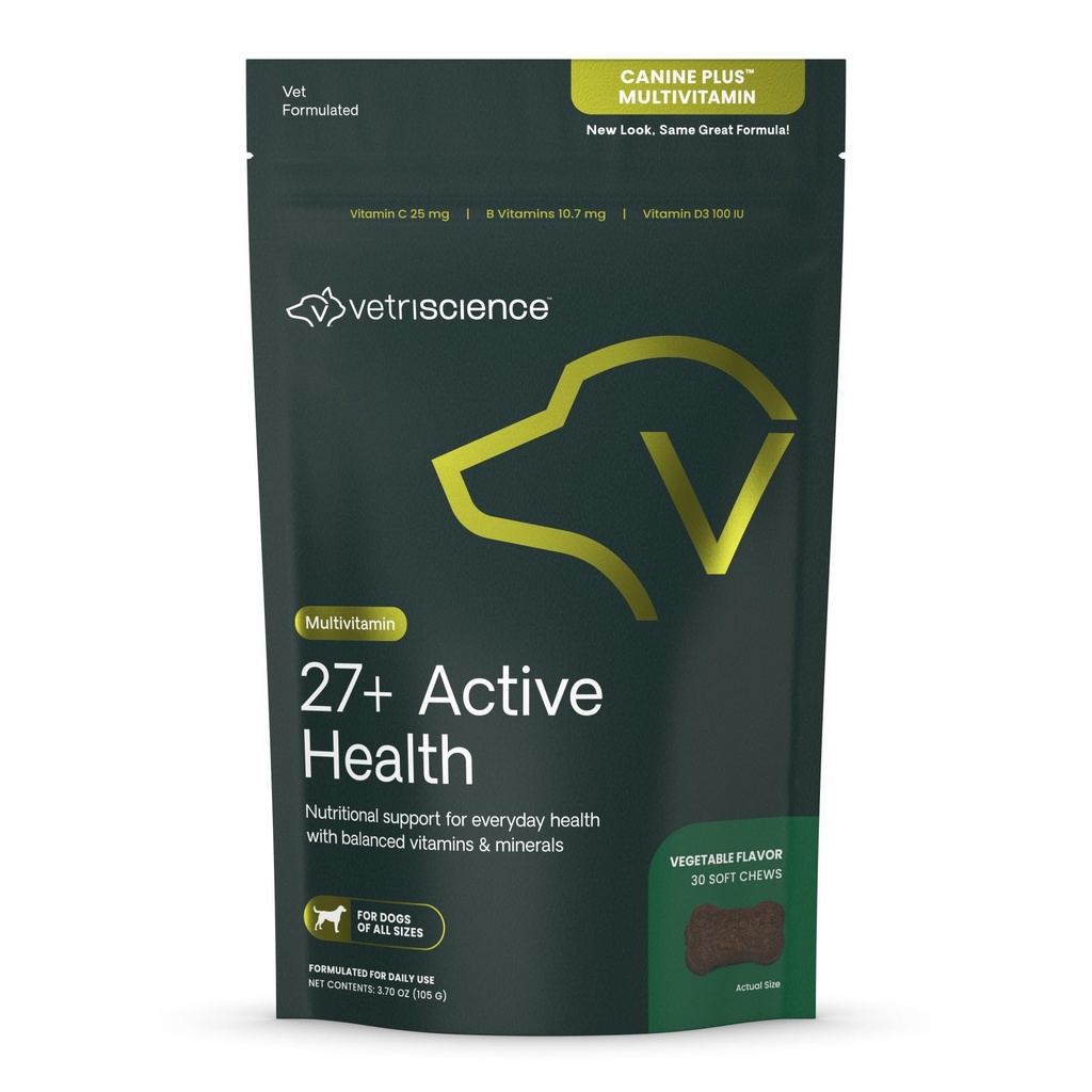 VetriScience 27+ Active Health Chews, Canine Plus Daily Multivitamin für Welpen und Adult Dogs, Balanced Vitamins, Mineralien & Antioxidantien, Gesundheit und Wellness Support, Veggie, 30 Count