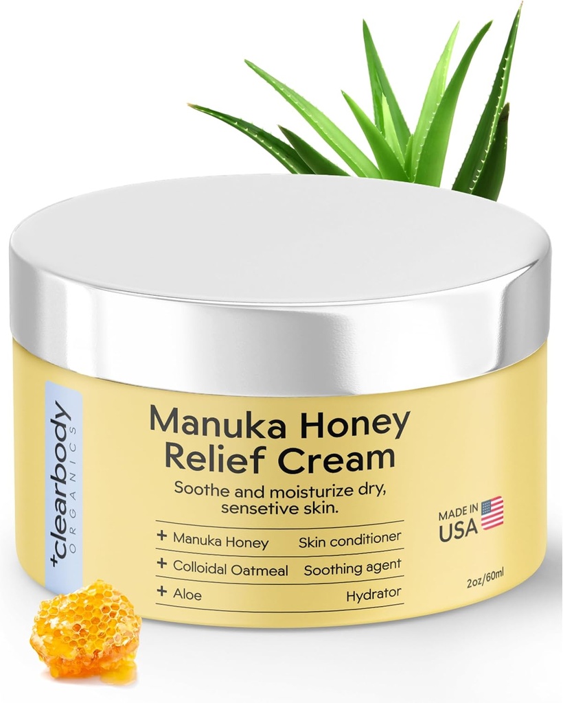 Clearbody Organics Manuka Honey Cream - 2 fl oz, Packung mit 1 - beruhigende Eczema Cream - Deep Hydration mit kolloidaler Oatmeal - Instant Manuka Relief für trockene, juckende Haut