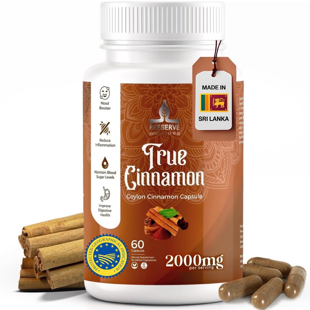 Pure Ceylon Cinnamon Kapseln, 2.000mg, Zwei Monate Ergänzung | Made in Sri Lanka |Non-GMO, Gluten-Free, True Cinnamomum aus Sri Lanka, 100% reines Cinnamon (NOT Mix mit Cassia).