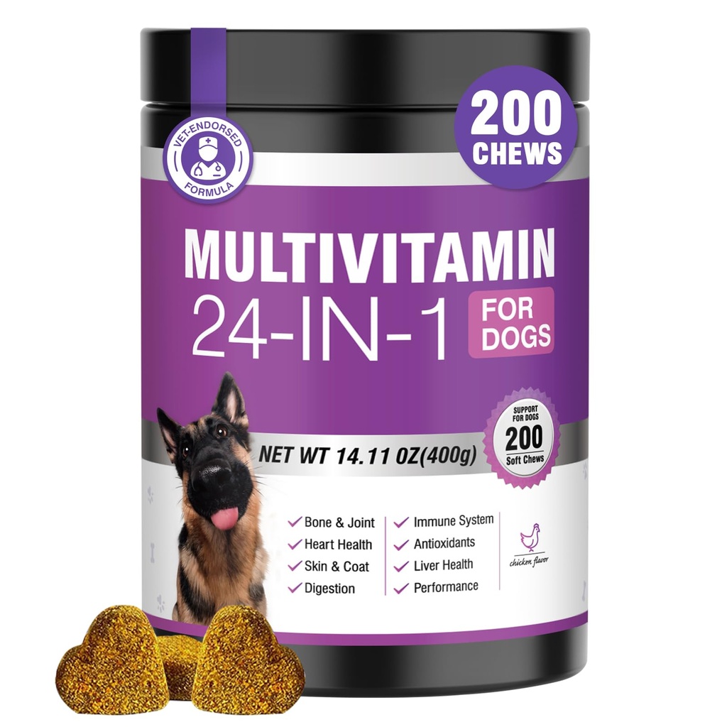 24-in-1 Hunde-Vitamine und Ergänzungen 200 Ct Hunde Multivitamin Chewable Contain Chondroitin Probiotics Omega-3 Glucosamin für Hunde Hautmantel Herz Gelenk Gut Leber Gehirn Augen Immununterstützung - Huhn