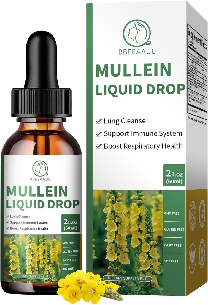 Mullein Tropfen für Lungen, 16-in-1 Mullein Blatt Extrakt für Lung Cleanse, Respirator, Immunität, mit Quercetin, Marshmallow, Black Cumin Seed, Elderberry, Mullein Liquid, Non-GMO, 2 Fl Oz