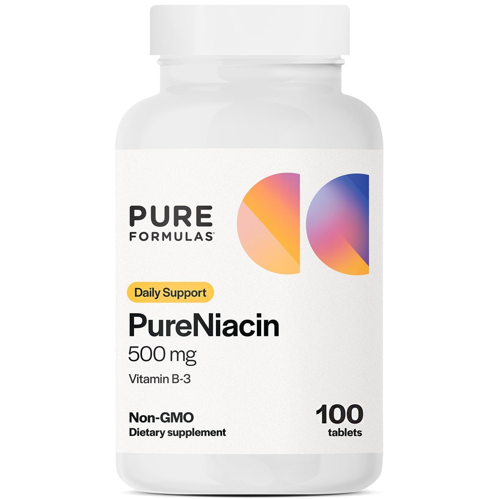 PureFormulas reines Niacin - Vitamin B3, 500 mg Sofortfreisetzung Niacin 500mg - Nicotinsäure 100 Tabletten - Non-GMO B3 Vitamine Niacin Ergänzung