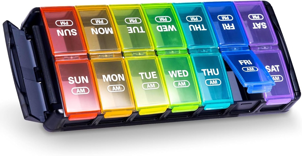 Sukuos Weekly Pill Organizer 7 jours 2 fois par jour, remplissage rapide boîte à pilules quotidiennes (AM PM), l'arthrite amicale extra grands cas de pilule pour la vitamine / huile de poisson / suppléments