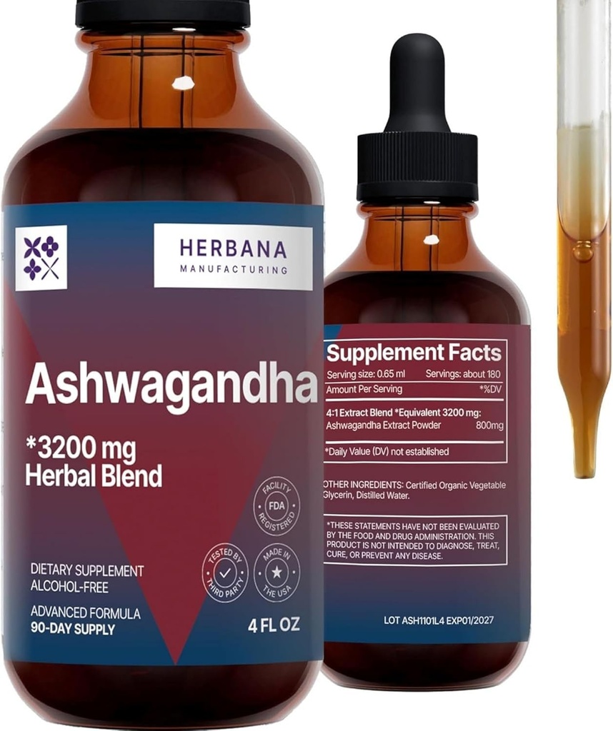 HERBANA MANUFACTURING Ashwagandha Flüssigkeitstropfen Extrakt - Muskelrückgewinnung Tinktur - Withania Somnifera Tropfen - Hohe Potenz
