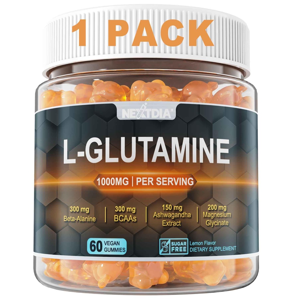 L-Glutamine 1000mg Gommies pour les femmes et les hommes avec Beta-Alanine, BCAA, Magnésium Glycinate, Potassium et Ashwagandha