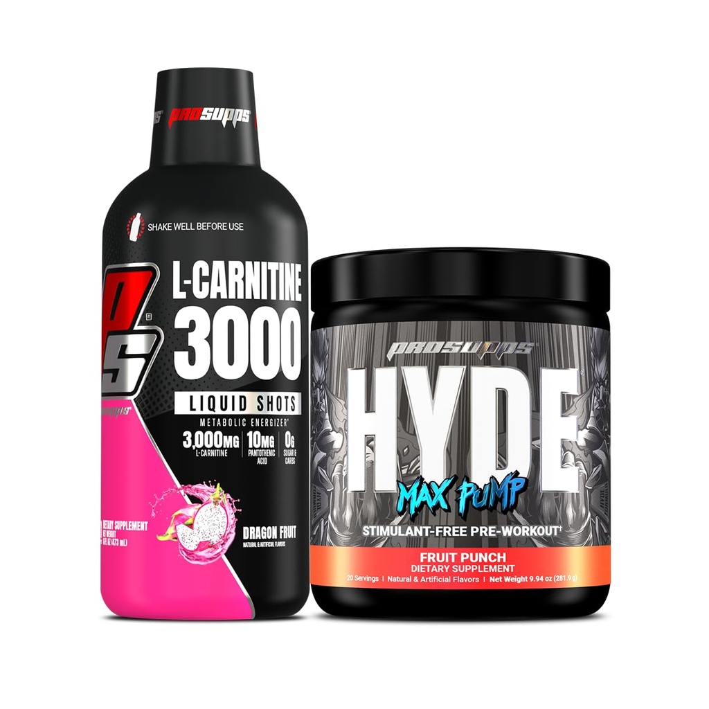 PROSUPPS L-Carnitin 3000 Stimulant Free Liquid Shots (Dragon Fruit) und Hyde Max Pump Pre Workout für Männer und Frauen (Fruit Punch) Bundle