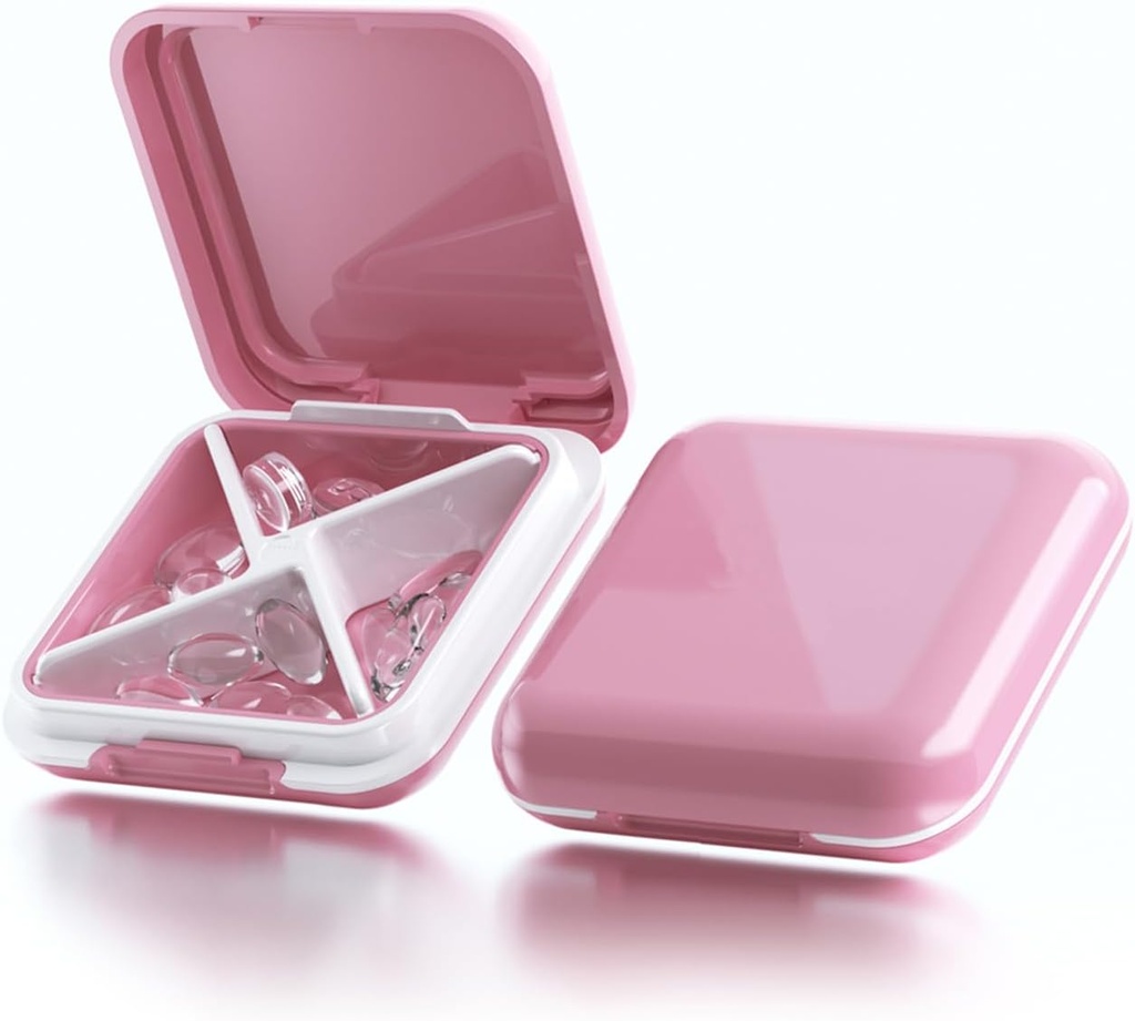 Small Pill Box Waterproof Travel Pill Case Portable Daily Pill Container Pill Holder Purse 4 Compartments Pocket Compact Medicine Organizer for Vitamin/Fish Oils/Supplements/Medication (Pink)