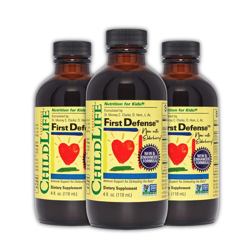 ESSENTIELS D'ENFANTS Première Défense - Kids Immune Support, Immune Support for Kids, Toddlers 1-3, Bébés 6 mois+, Sirop de vitamine avec Elderberry, Zinc, Non OGM, Sans gluten - 4 Fl Oz (paquet de 3)