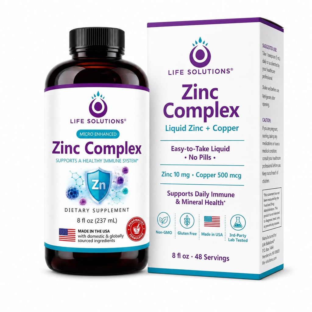Solutions de vie Complexe de zinc - Gluconate de zinc et gluconate de cuivre pour le soutien immunitaire optimal et la santé - Formule d'absorption élevée - Liquide 8oz-
