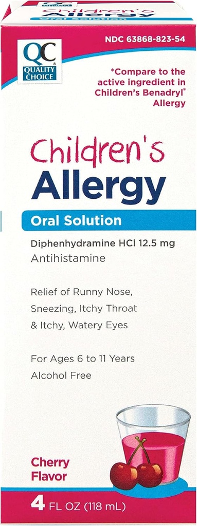 Qualität Wahl Kinderallergien Medizin, nicht-Drowsy flüssige Antihistaminlösung. Alkoholfreie Kirsche Flavor aktives Diphenhydramin für Husten, Runny Nose, Juckreiz Eyes & Throat Relief 4 oz