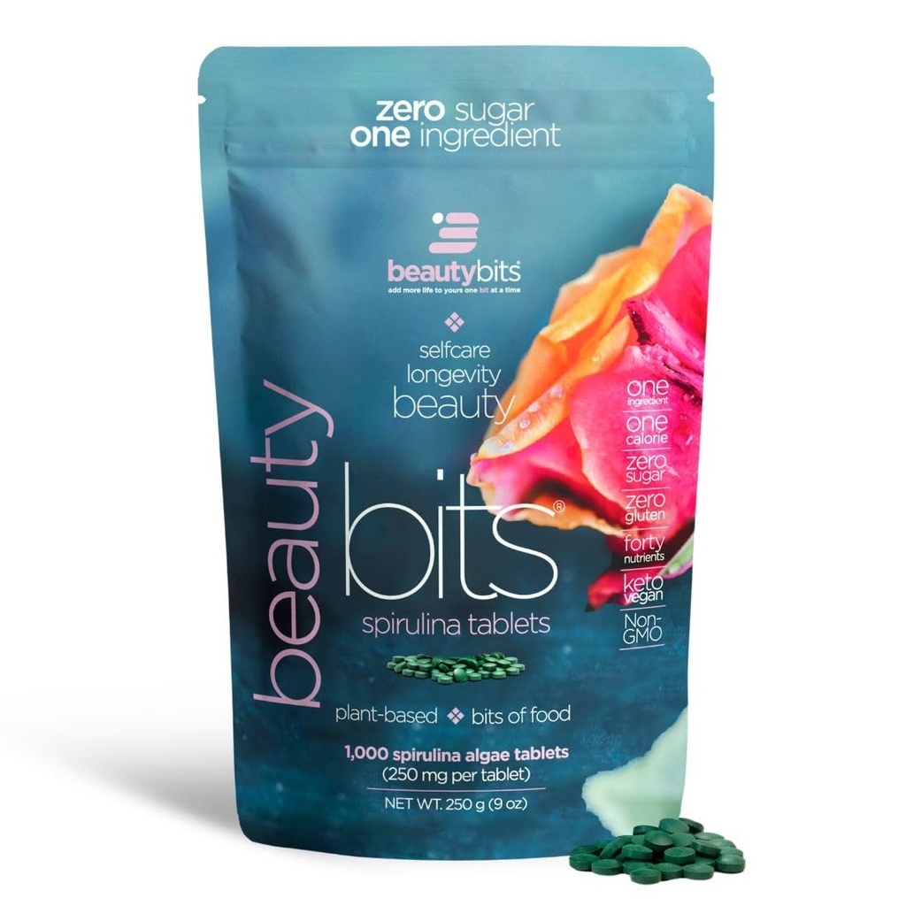 BEAUTYbits - Bio Spirulina Tabletten - Algae Superfood - Collagen, Protein, Chlorophyll - Haar, Nägel, & Hautpflege - Vegan, Keto, Glutenfrei - Selbstpflege - Hautpflege Beauty Geschenke - 1000 Tablet Tasche