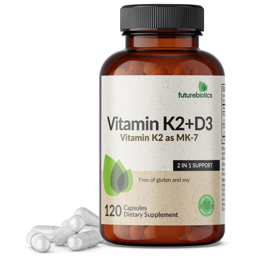 Futurebiotics Vitamin K2 (MK7) mit D3 Supplement - Non-GMO Formel - 5000 IU Vitamin D3 & 90 mcg Vitamin K2 MK-7, 120 vegetarische Kapseln