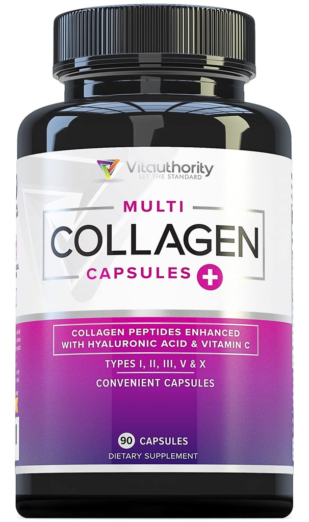 Capsules de Peptides Multi Collagène pour Femme - Collagène Hydrolysé pour Femme Pills avec Types I II III V & X Plus Vitamine C & Acide Hyaluronique pour Belles Peau et Nails de Cheveux - 30 portions