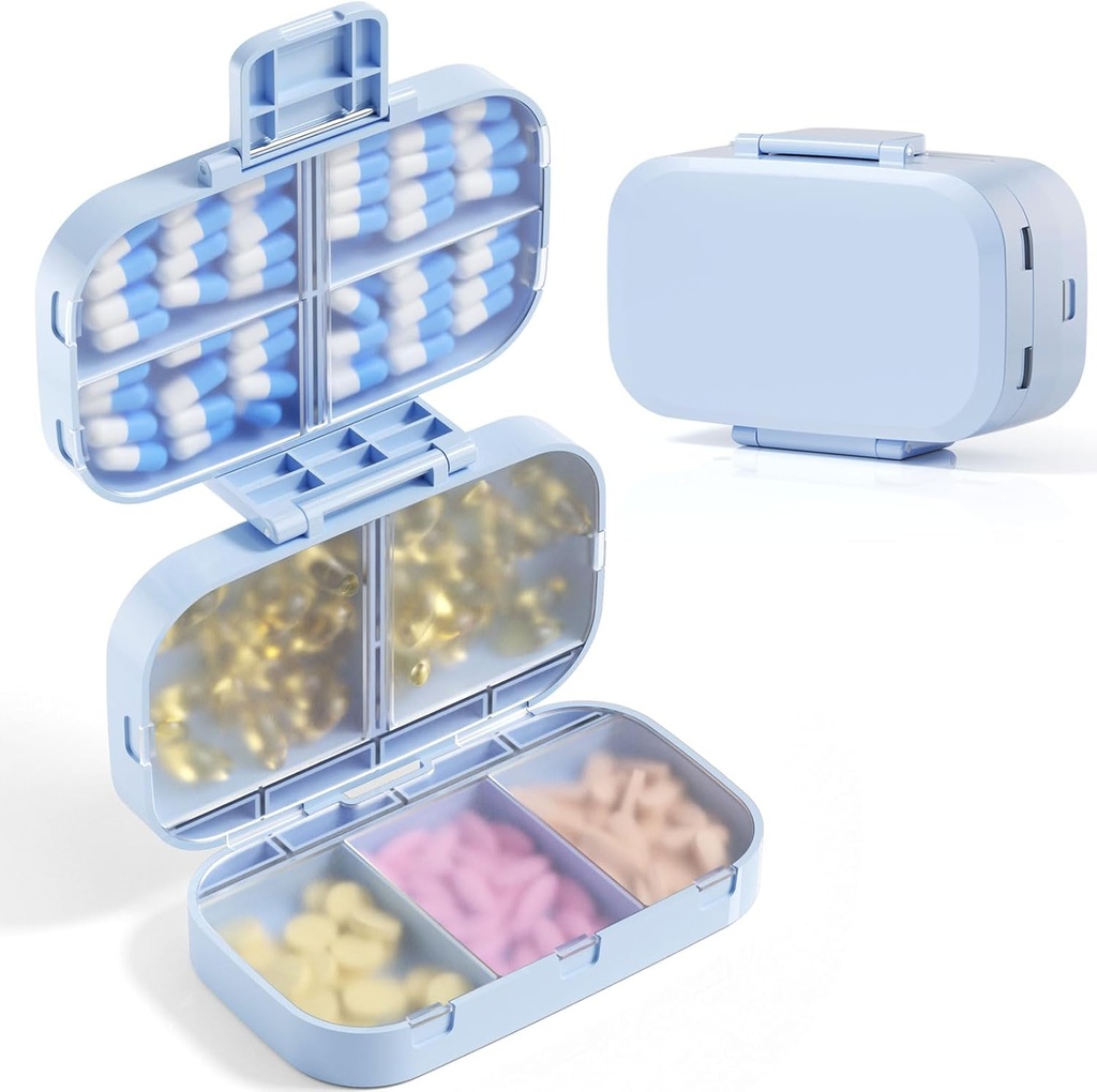 MEACOLIA Dreifache Falten Pille Organizer, 9 Komponenten Reisen Pille Fall mit großer Kapazität, Tägliche Pille Box Kleine Pille Behälter für Vitamin, Kabel Liver Öl, Ergänzungen (blau)