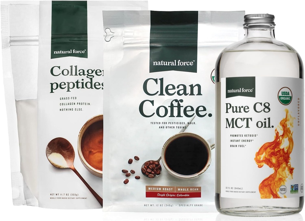 Natural Force Organic Clean Coffee, Collagen Peptides und Pure C8 MCT Oil Bundle – Toxin Free Coffee, Grass Fed Collagen, & MCT - Non-GMO, Keto, & Paleo - 12 Oz, 11.7 Oz, 32 Oz