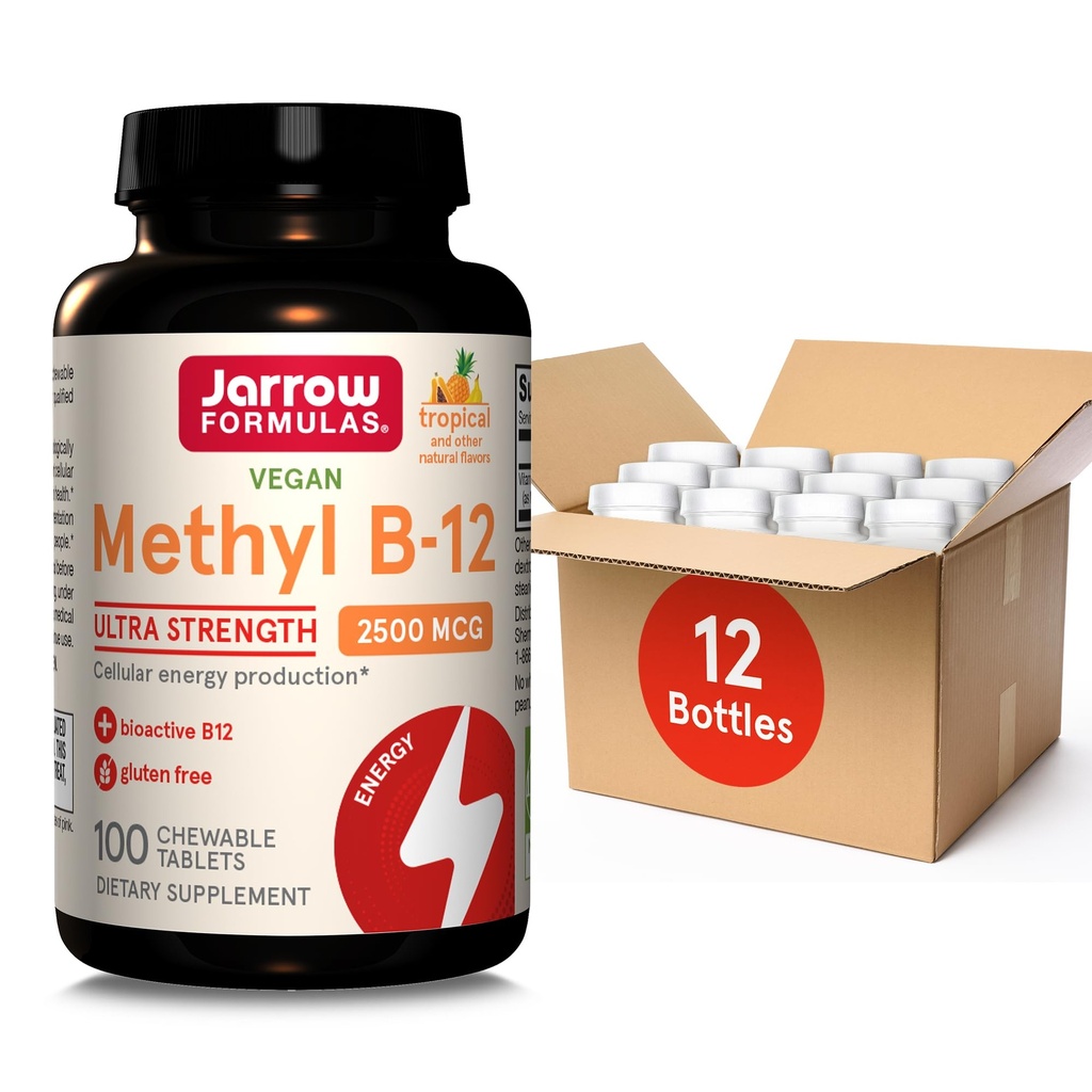 Formules Jarrow Ultra Strength Methyl B-12, complément alimentaire pour la production d'énergie cellulaire, 100 comprimés à croquer à saveur tropicale, jusqu'à 100 jours, paquet de 12