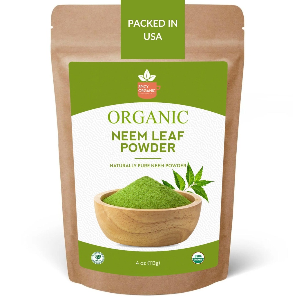 SPICY poudre de Neem ORGANIQUE – 4 oz. - certifié USDA biologique - non-OGM - feuilles de Neem séchées fraîches poudre pour cheveux et peau sains - Azadirachta Indica Herbe ayurvédique pour le bien-être général