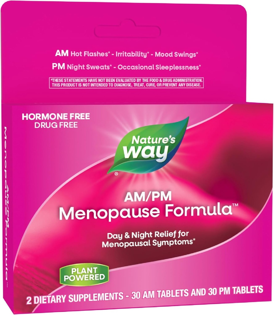 Nature's Way AM/PM Menopause Ergänzungen für Frauen, Hot Flash Relief*, Nachtschwärmer*, Restful Sleep*, Mood Swings*, Hormonfreie Formeln mit Black Cohosh, Theanine, Valerian, 60 Tabletten