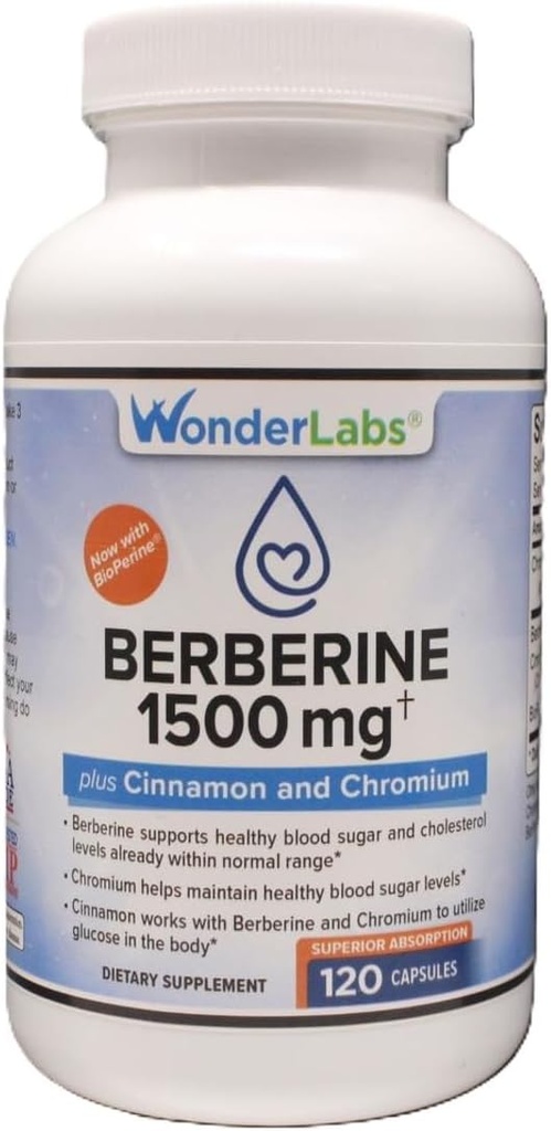 Wonder Laboratories Surperior Absorption Berberine HCL 1.500mg + Cinnamon, Chrom und BioPerine Wartung für Glucose, Herz- und Immunsystem Gesundheit Gluten & GMO Free - 120 Kapseln