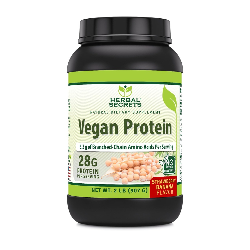 Secrets à base de plantes Protéines véganes : 28 Grams Protéines : 23 portions : 6.2 Grams BCAA Supplément Fabriqué aux États-Unis (2 Lb, banane aux fraises)