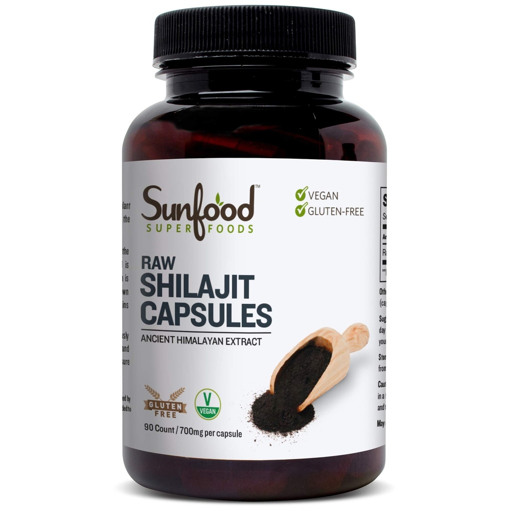 Sunfood Superfoods Shilajit Capsules - Pure résine Shilajit pour les femmes et les hommes, extrait himalayen antique avec acide fulvic, minéraux, pilules en poudre Shilajit - 90 capsules