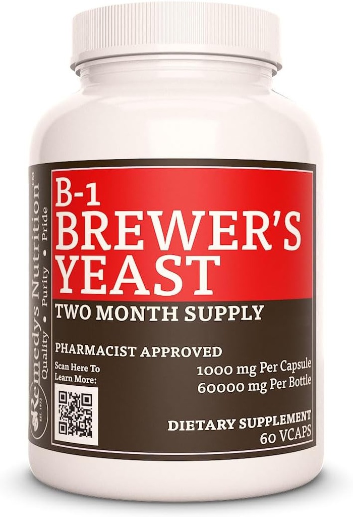Remèdes Nutrition Vitamine B-1 avec Brewers Levure de 1 000 mg, 60 Capsules végétaliennes Complément alimentaire