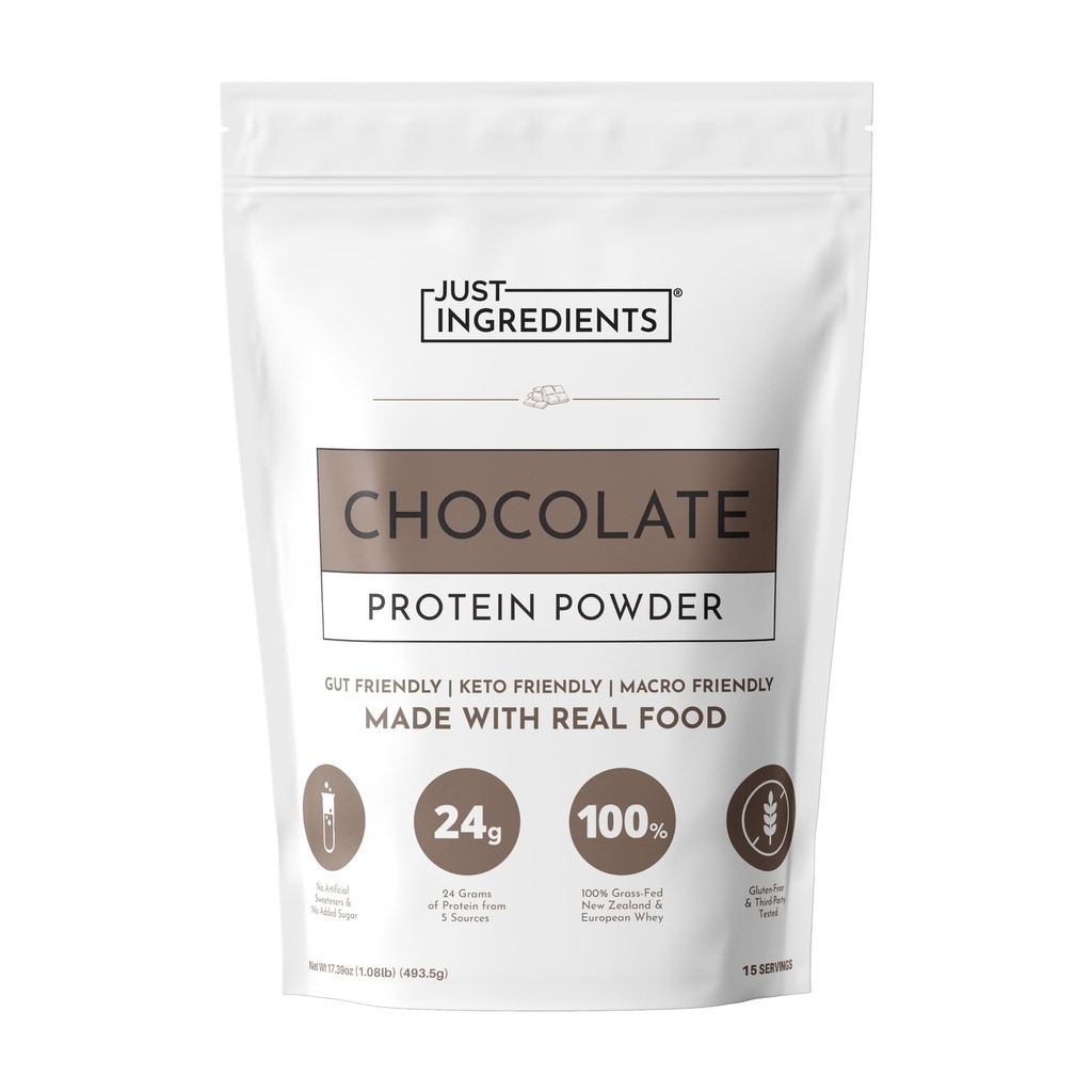 JUST INGREDIENTS Protein Pulver | 15 Servierungen | 24g Protein | Schokoladengeschmack Hergestellt mit 100% Gras-Fed, Non-Denatured Whey | Fünf verschiedene Quellen aus Bio- Ganze Lebensmittel Zutaten