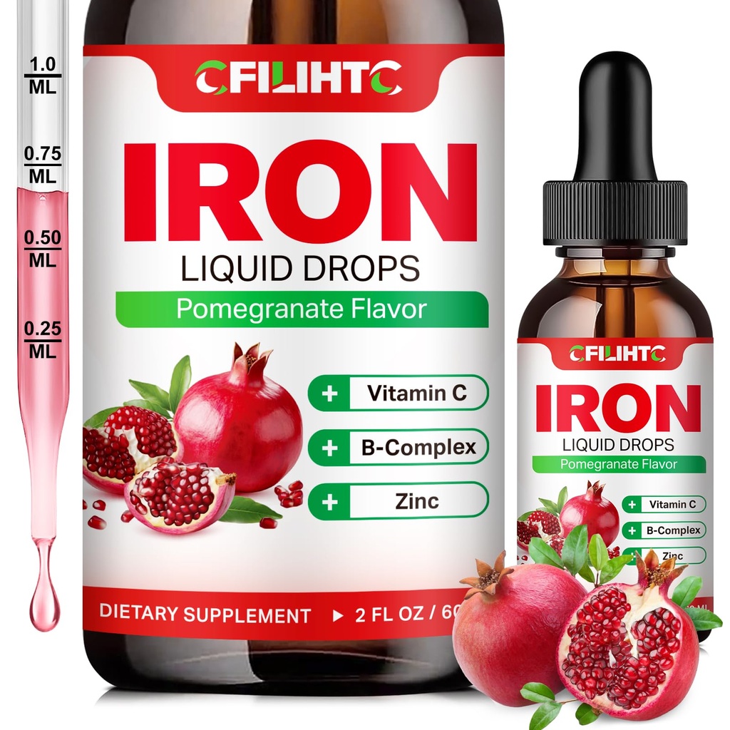 Flüssige Eisen Ergänzung für Frauen Männer & Kinder Multivitamin Eisen Tropfen mit Folat, Vitamin C, B6, B12, Zink für Anämie, Eisenmangel, Blut Builder, Energie - Natürliche Granatapfel Flavor, Vegan 2 Fl Oz
