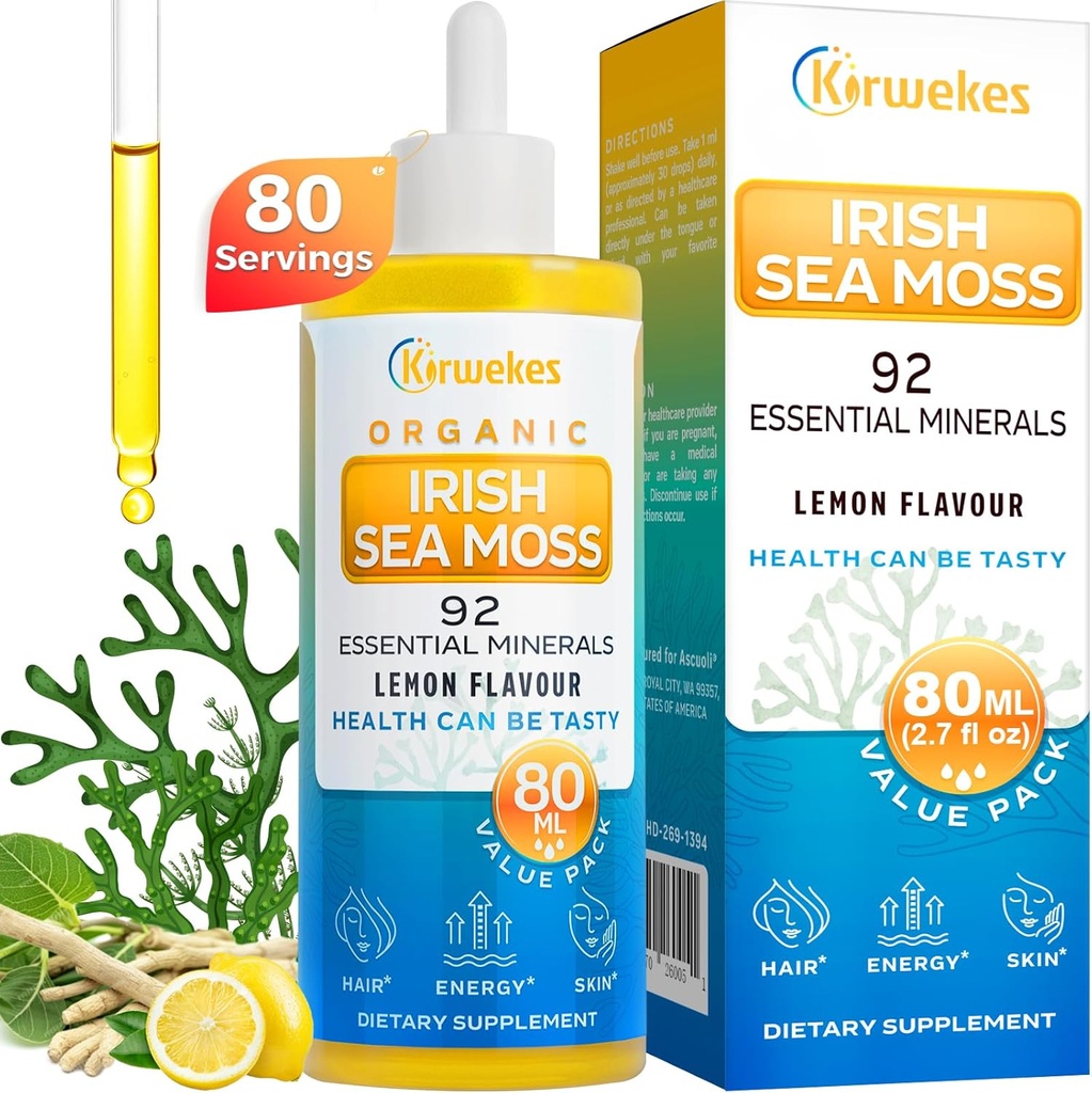 Sea Moss & Ashwagandha Root Drops - 10X Stronger Seamoss & Ashwagandha für Frauen & Männer, Sea Moss Drops für Stimmung, Immunität, Verdauung, Energie, Haut, Haar Joint(Lemon Flavour - 80 Servierungen
