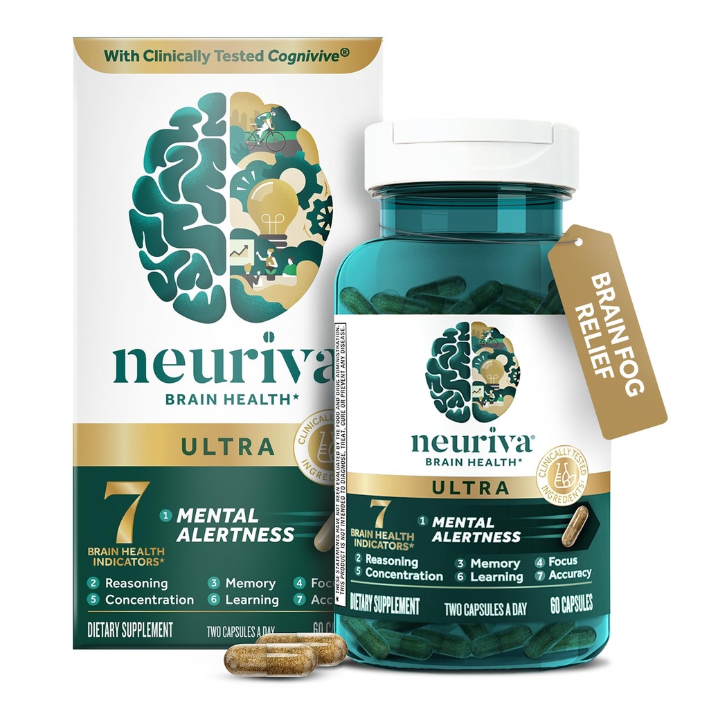 NEURIVA Ultra Decaffeinated Klinisch getestet Nootropic Brain Supplement für Mentalal Alertness, Gedächtnis, Fokus & Konzentration, Cognivive, Neurofactor, Phosphatidylserine, Vitamine B6 B12, 60 Kapseln
