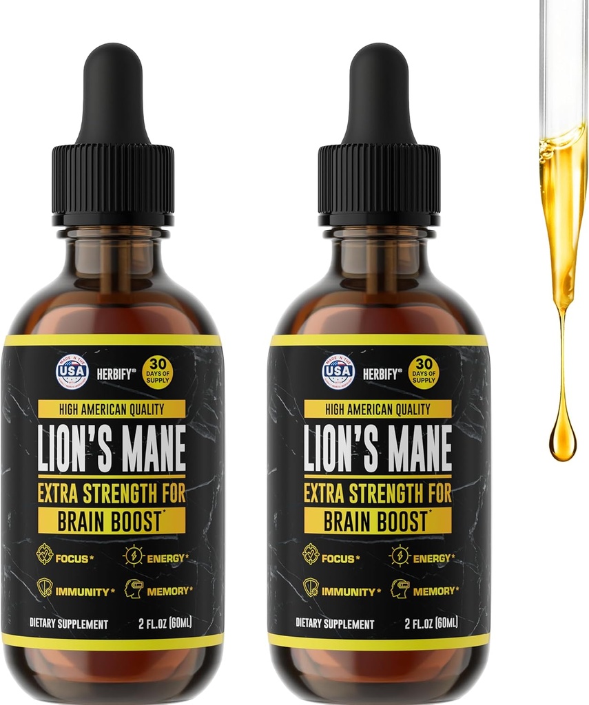 HERBIFY Lions Mane - Lions Mane Champignon Supplément - Lions Mane Tection - Immmune Support - Lions Mane Teinture pour la mémoire, le focus et la clarté - Supplément quotidien de champignons - 2 Fl oz 2 Pack