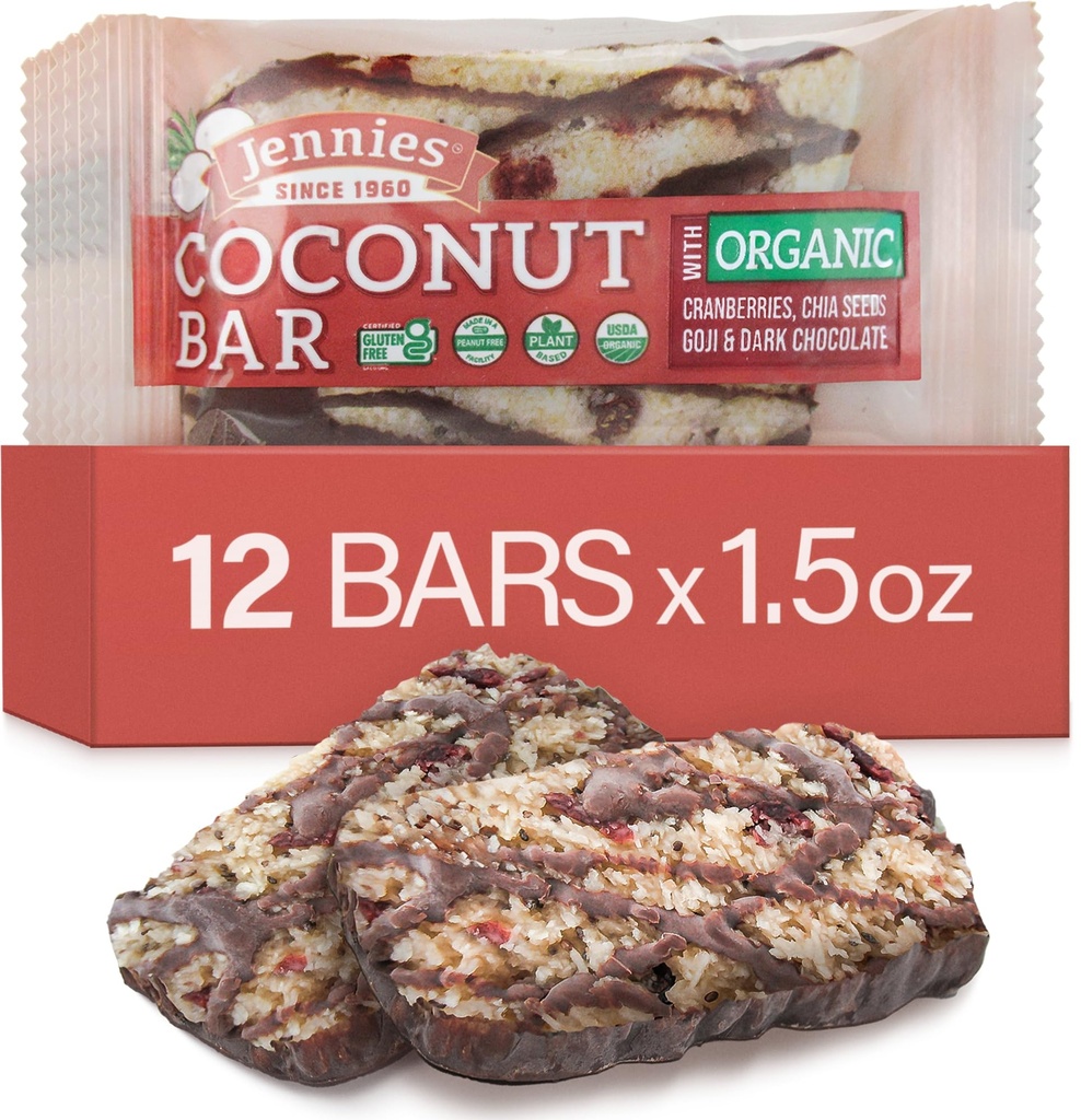 Jennies Raw Organic Goji Moji Coconut Bar, 1.5oz (12 Pack) | Peanut Free | Gluten Kostenlos