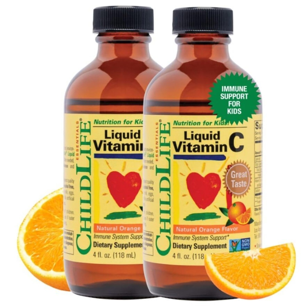 CHILDLIFE ESSENTIALS Flüssiges Vitamin C - Reines Vitamin C Flüssiges Supplement für Kinder, Immunsystem Unterstützung, Natürliche Orange Geschmack, 4 Fl Oz (Pack von 2)