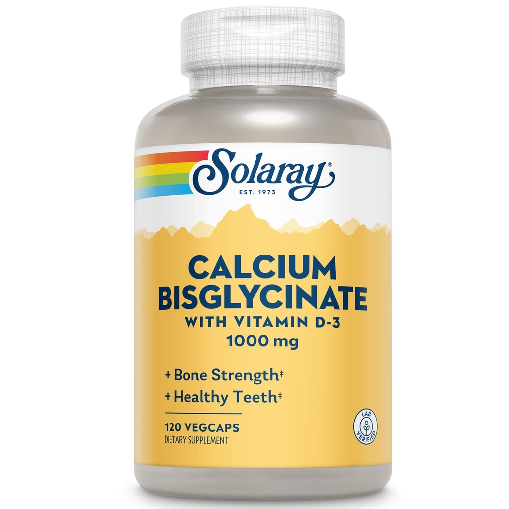 Solaray Kalzium Bisglycinat 1000mg mit Vitamin D-3, Chelat Kalzium-Ergänzung für Knochenfestigkeit und gesunde Zähne Unterstützung, verbesserte Absorption und leicht zu digest, 30 Servierungen, 120 VegCaps