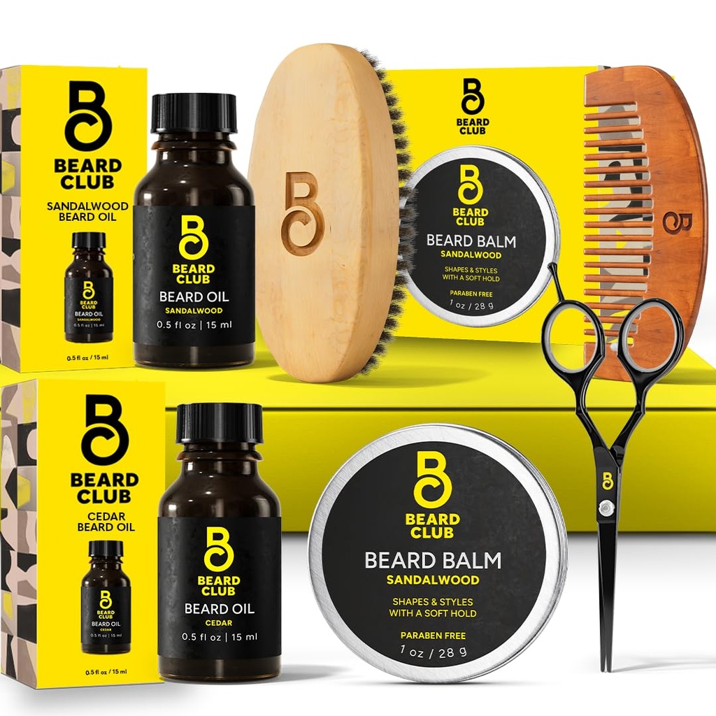Le kit de barbe du club de la barbe pour les hommes - Grooming & Care Kit - Cèdre et huile de bois de sandale, baume de bois de sandale, brosse à bretelles de sanglier, peigne, ciseaux de taille - Ensemble cadeau papa