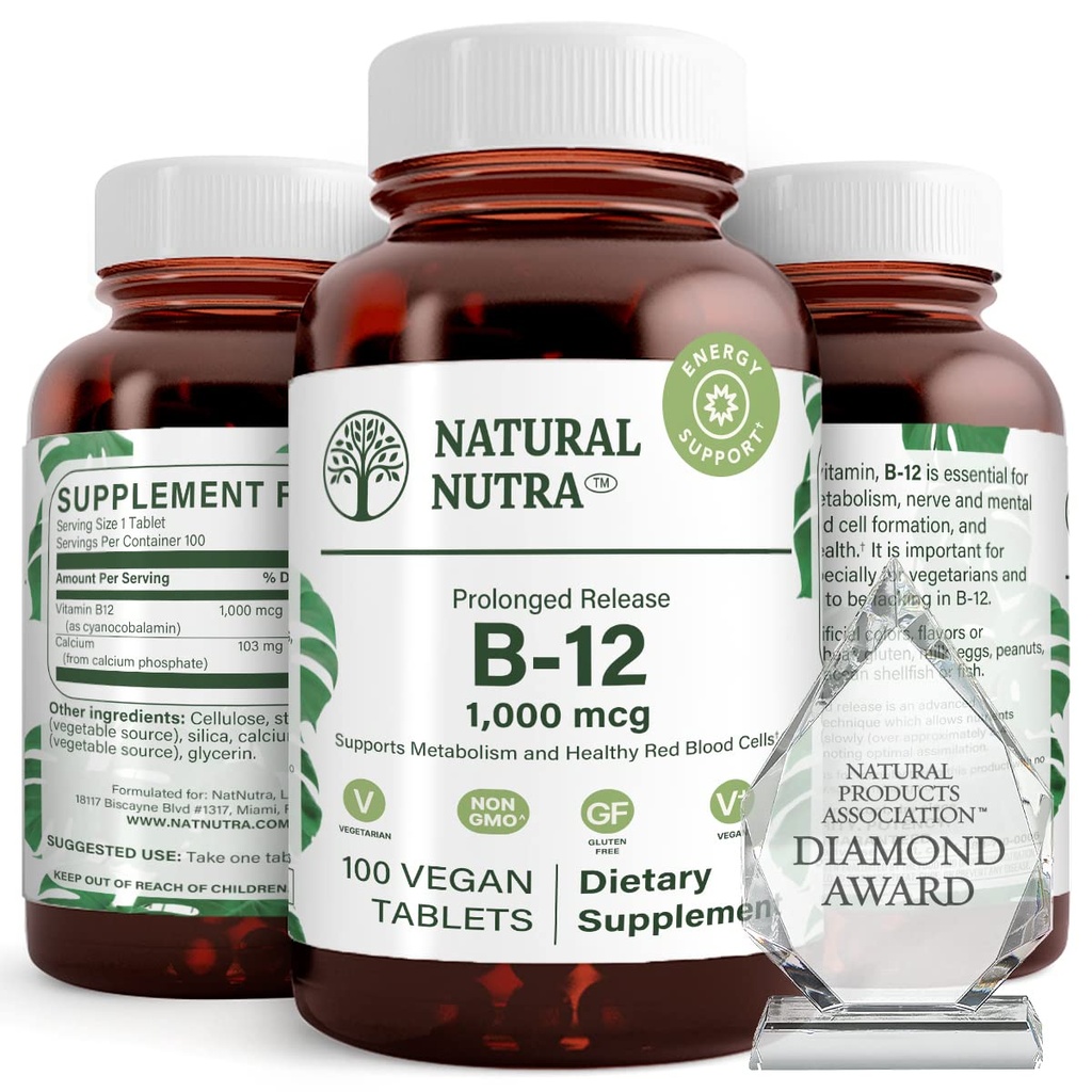 Natürliche Nutra Vitamin B12 1000 mcg, fördern Herz & Nerve Gesundheit, Cobalamin B12 Supplement, Calciumphosphat, Hilfe in Stoffwechsel Gesundheit, Optimale Absorption, Glutenfrei, Zuckerfrei, 100 Vegan Tabletten